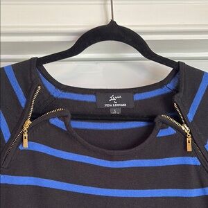 Nina Leonard Black and Blue Striped Top with Gold Accents